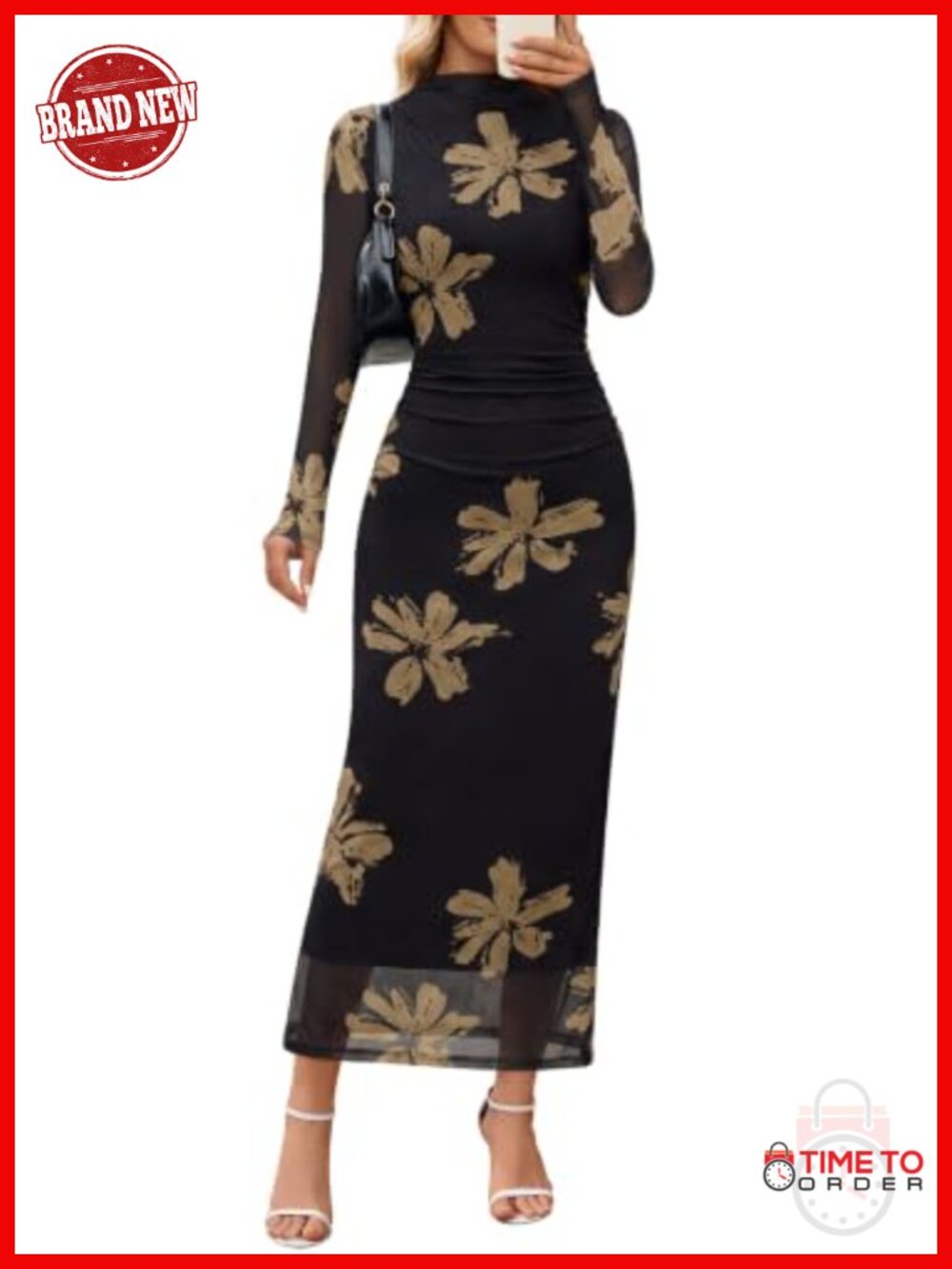 Women's Long Sleeve Mock Neck Ruched Maxi Bodycon Dress Wedding Guest